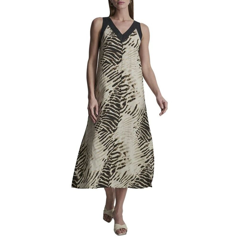 Dkny Womens V-Neck Printed Linen Dress, Blue